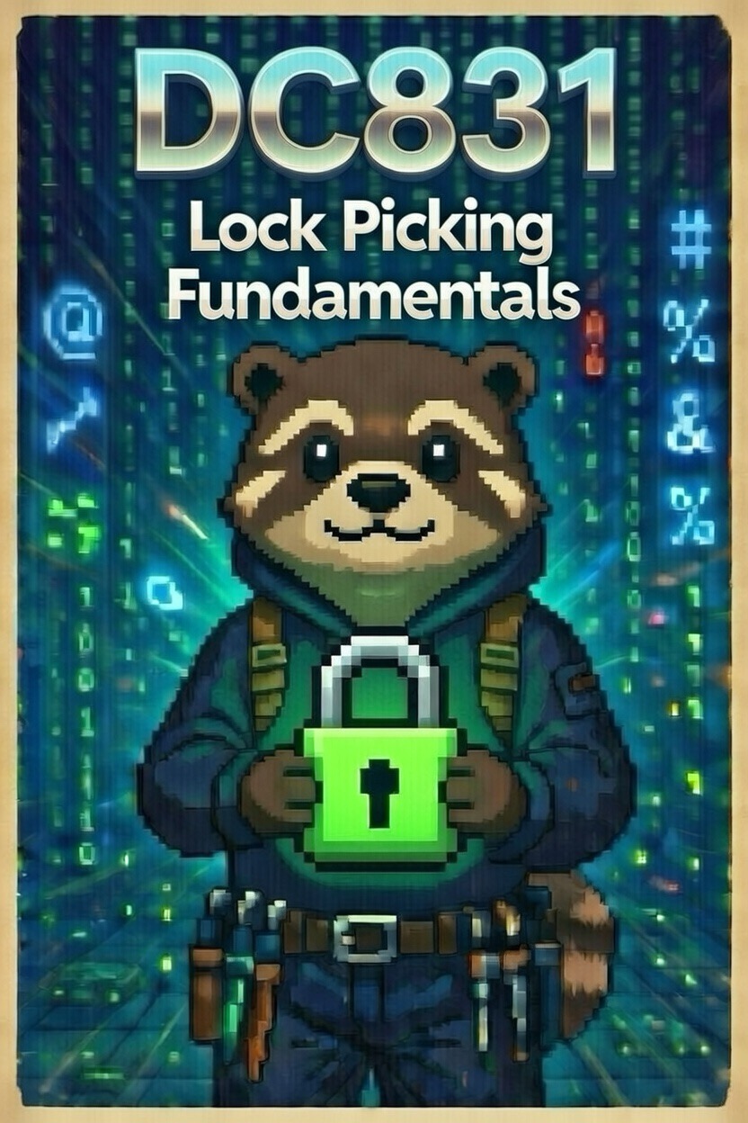 DC831 Lock Picking Fundamentals - Pixel art raccoon holding a green lock